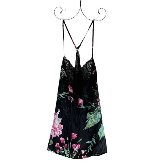 Secret Treasures Silky Satiny Sleep Camisole Black Lace and Floral Print S/CH4-6 - Picture 4 of 9